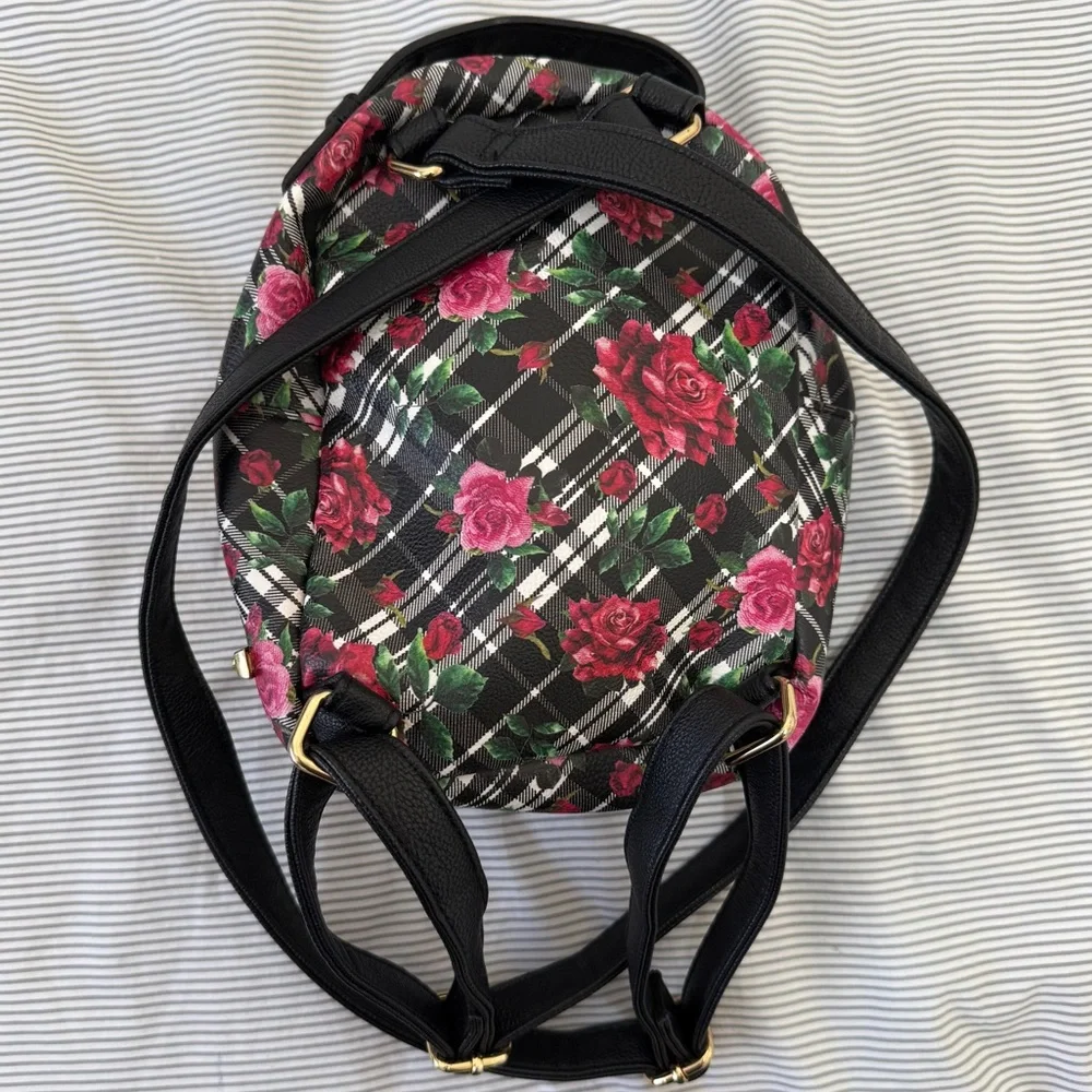 Betsey Johnson Black White Dog Mini Backpack Roses Plaid